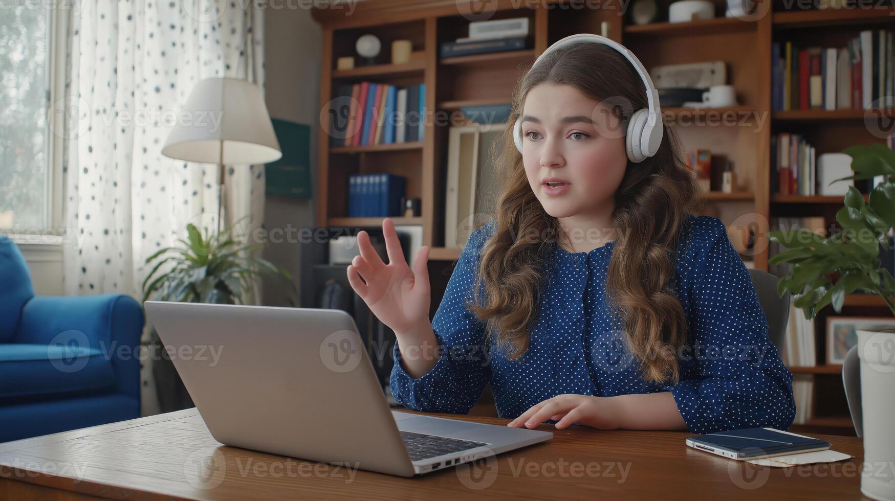 young woman sitting at a wooden desk in a living room. work from home by teleconferencing photo