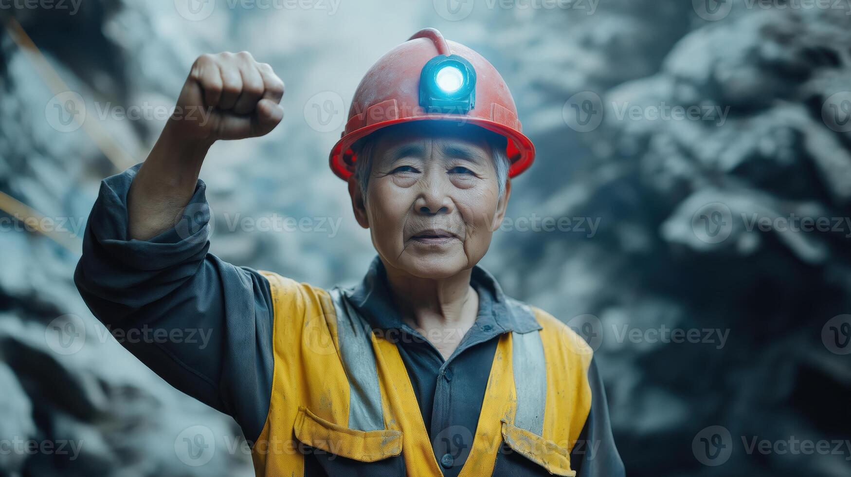 elderly asian man wearing a red hard hat with a blue light on it. He is wearing a yellow and grey work uniform with reflective stripes photo