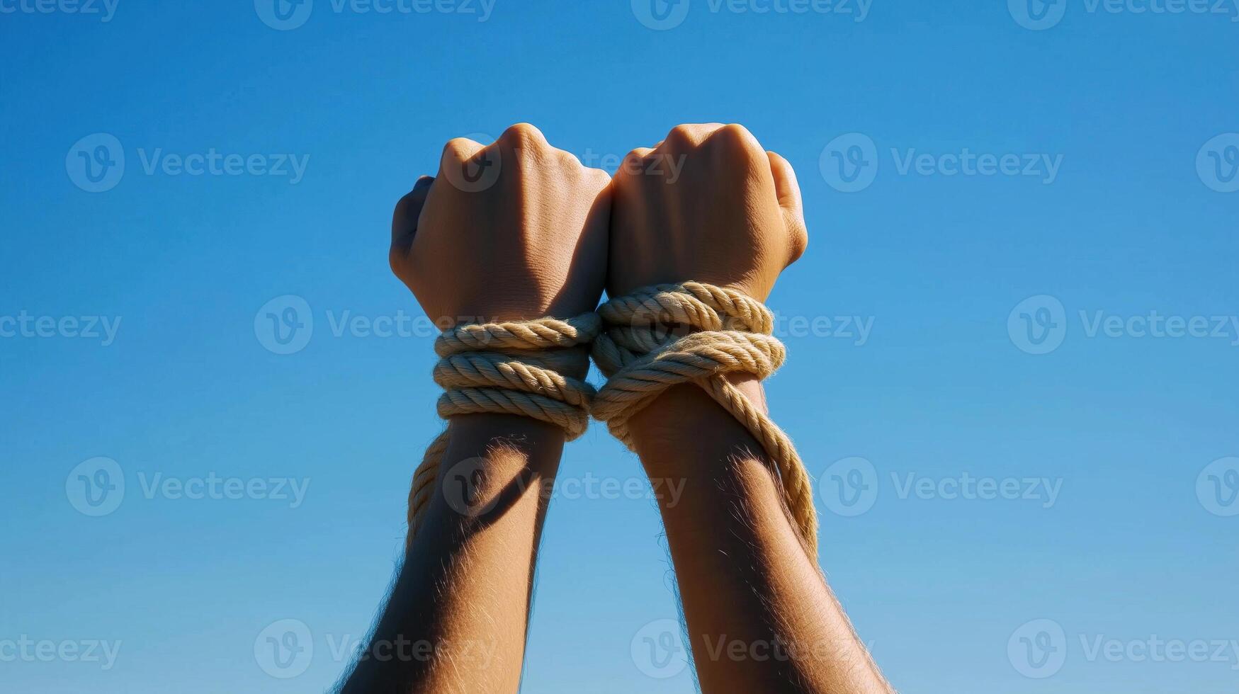 two hands tied together with a rope. The hands are clenched into fists, with the fingers wrapped around the wrists photo