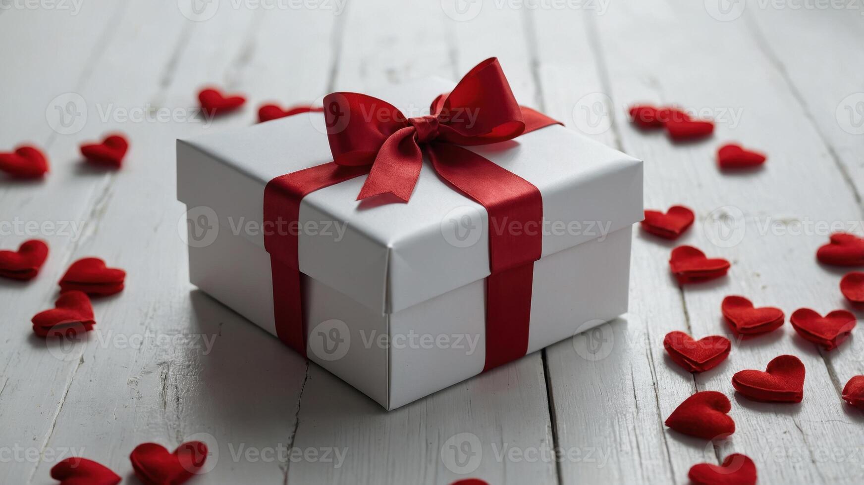 white gift box with a red ribbon tied in a bow on top. The box is placed on a white wooden surface with scattered red hearts around it photo