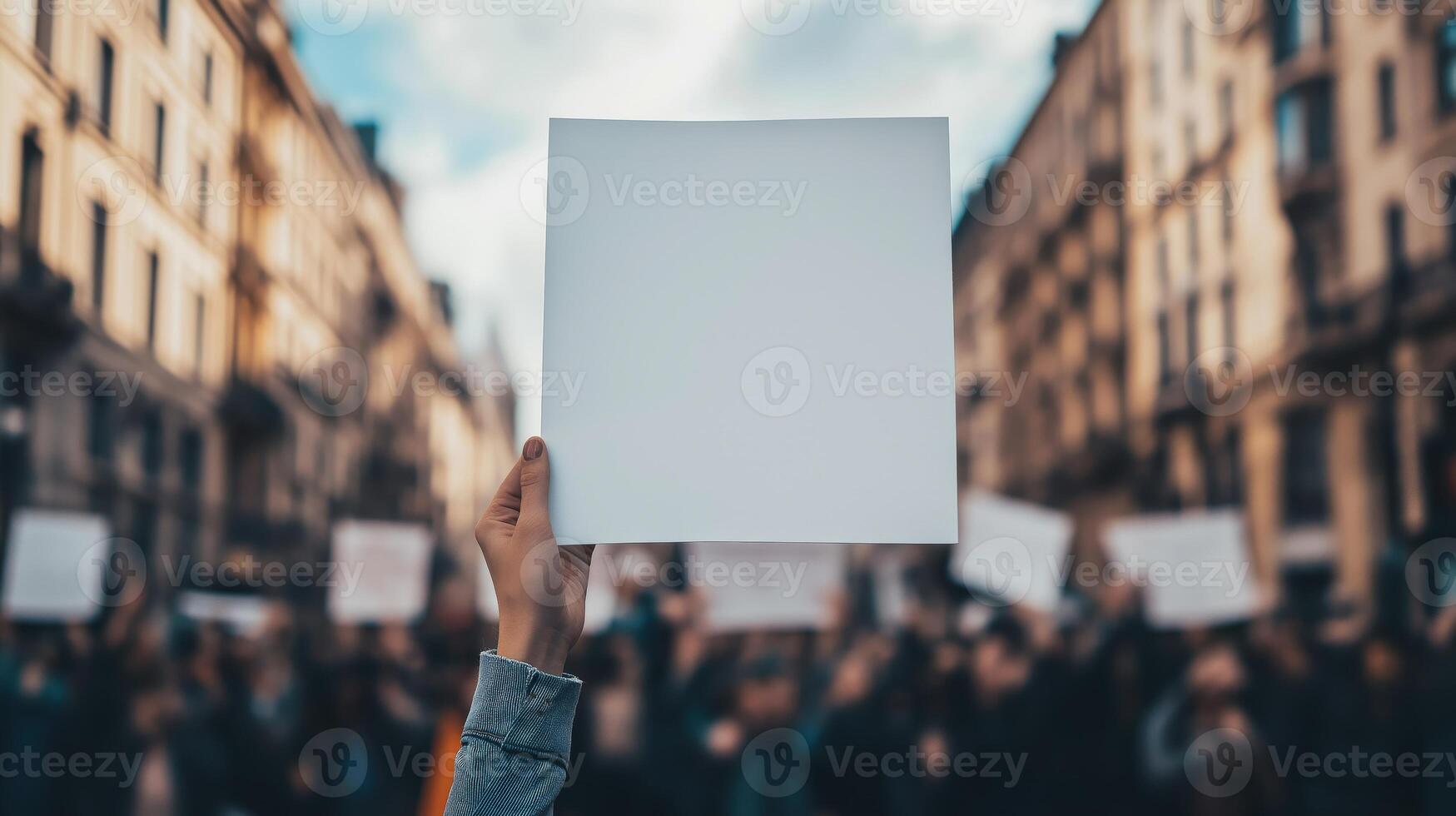 person's hand holding a blank white sign in the foreground, with a crowd of people in the background photo