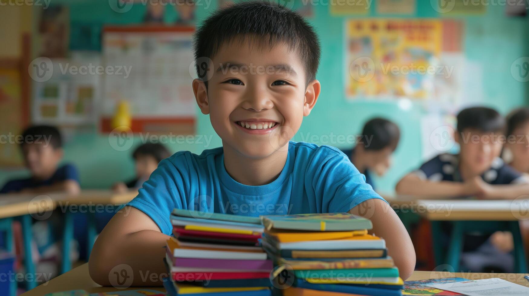 portrait of a young asian boy sitting at a desk in a classroom. He is wearing a blue t-shirt and has a stack of colorful books in front of him photo