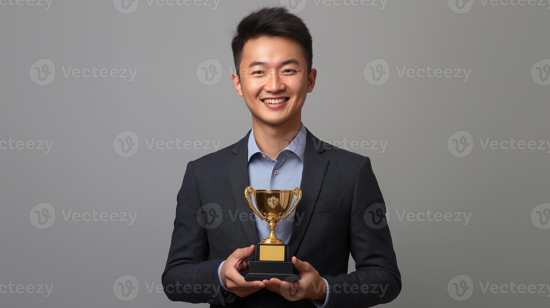 asian man in a formal suit holding a golden trophy. He is standing in front of a plain grey background and is smiling at the camera photo