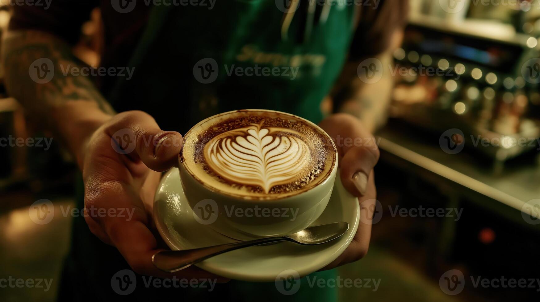 The barista is wearing a green apron and is standing behind a counter in a coffee shop photo