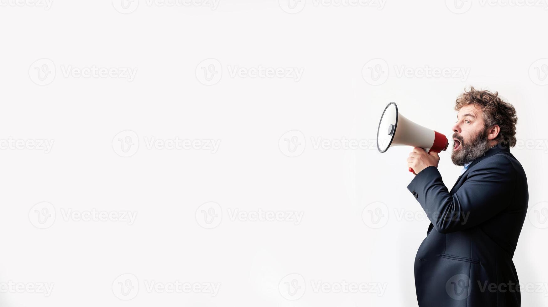man in a suit holding a megaphone. He is standing in front of a light white background and appears to be shouting into it photo