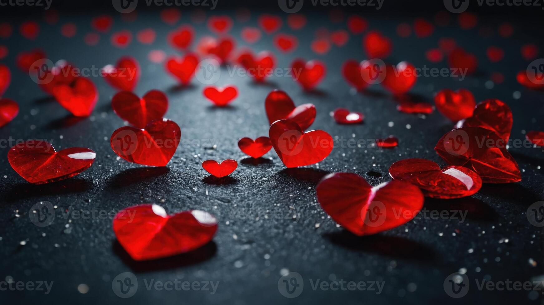 group of red hearts scattered on a black surface. The hearts are of different sizes and shapes photo