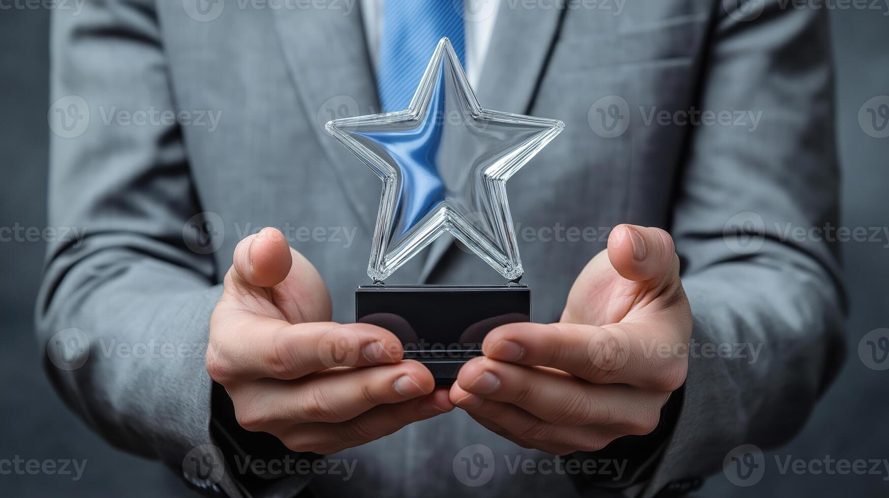 close-up of a man's hands holding a trophy. The man is wearing a grey suit and a blue tie. The trophy is made of clear glass and has a black star-shaped base photo