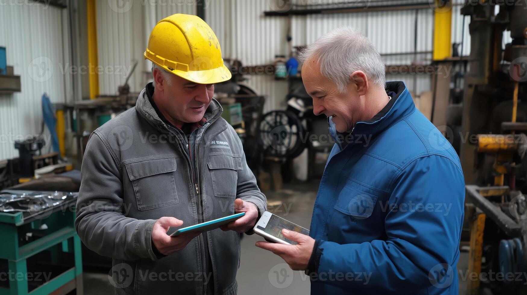 two men in a factory or workshop, engaged in a conversation photo