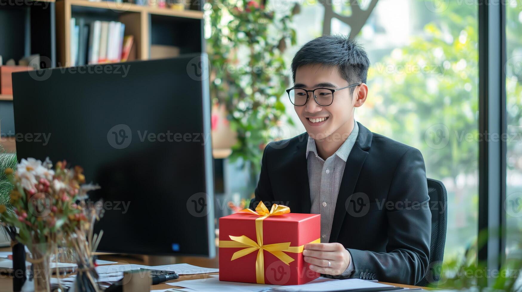 asian young man in a suit and glasses sitting at a desk in front of a computer monitor. He is holding a red gift box with a yellow ribbon photo