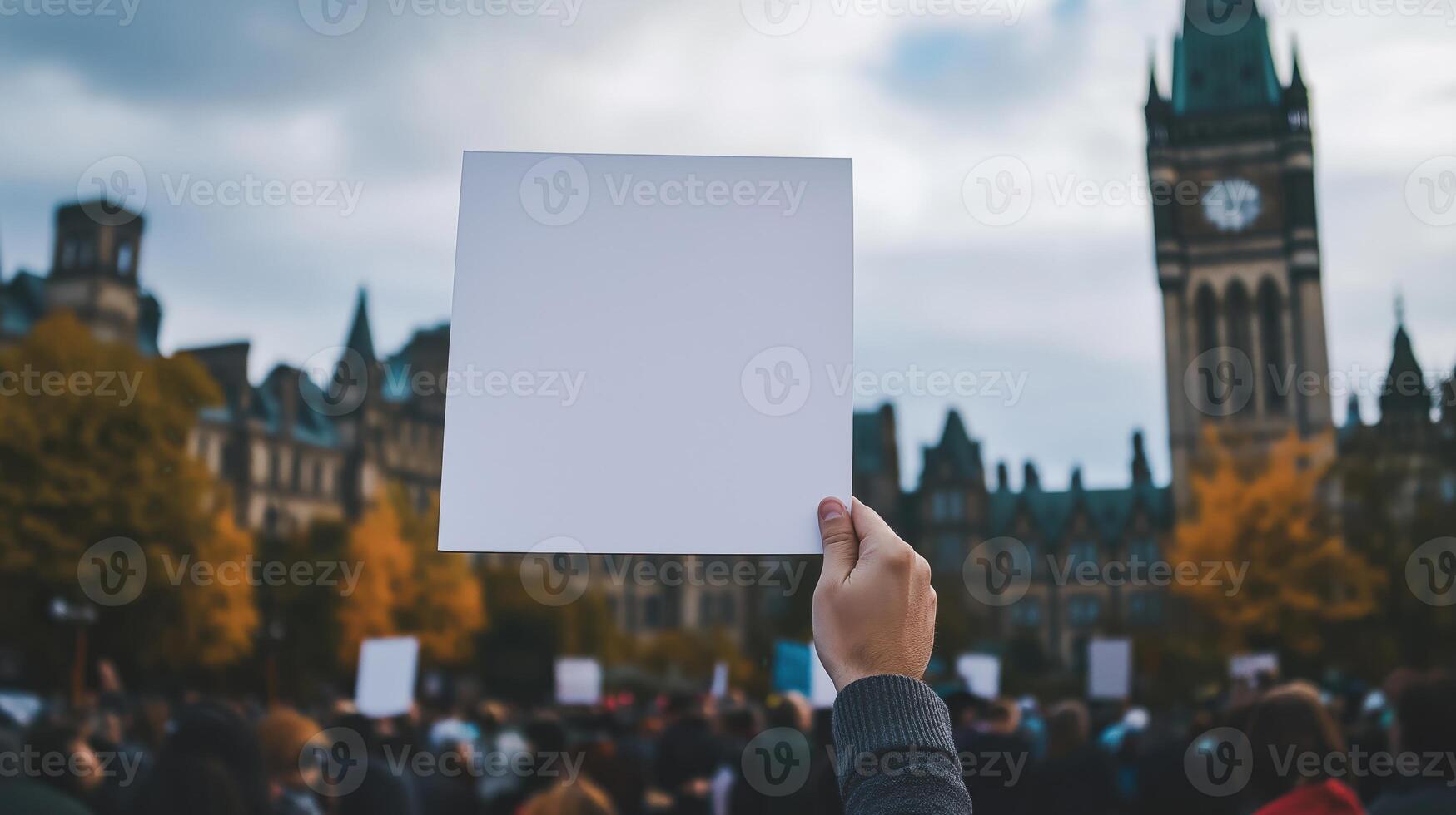 A person's hand holding a blank white sign in the foreground, with a crowd of people in the background photo