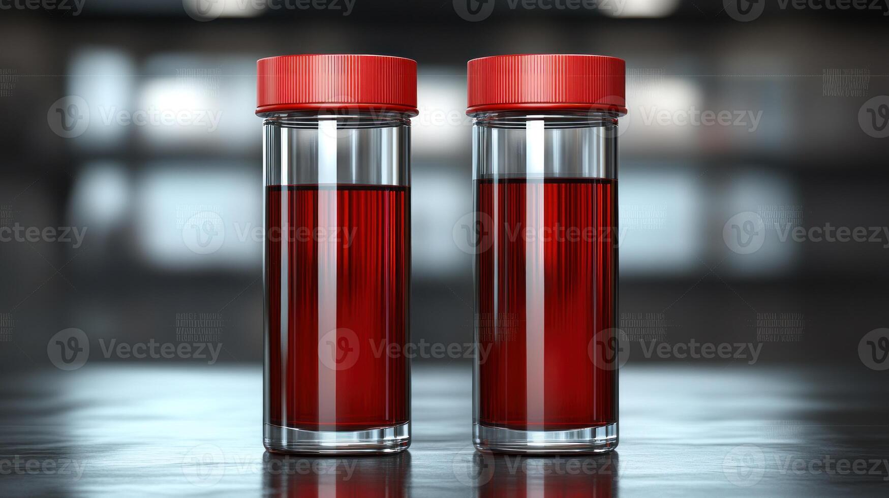 Two glass containers filled with dark red liquid are displayed on a shiny black surface photo