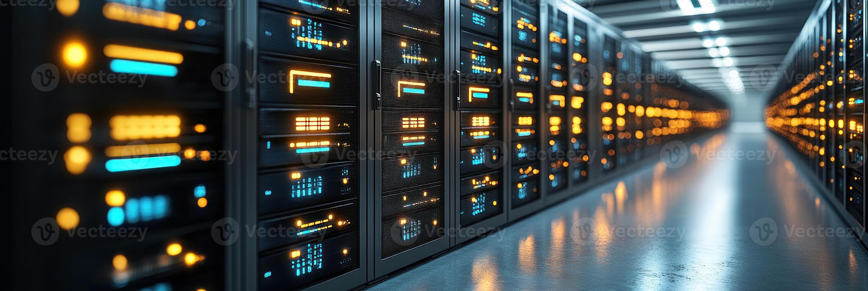 Rows of illuminated servers are lined up in a data center, creating a vibrant and high tech atmosphere photo