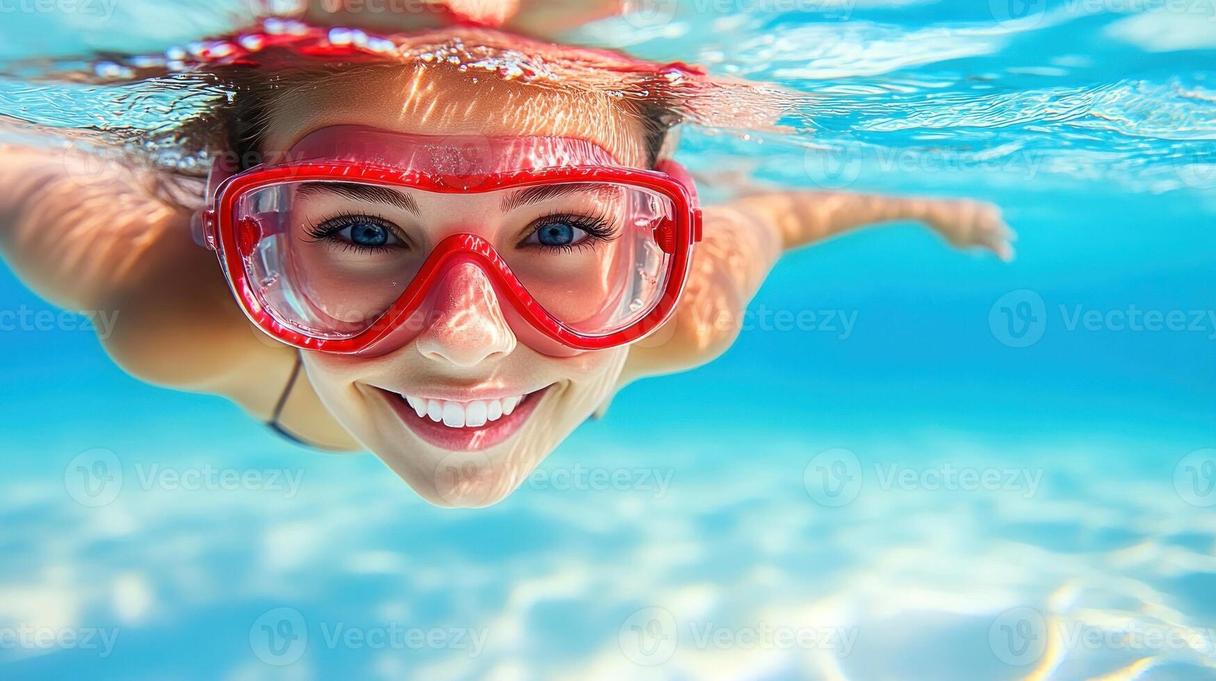 Smiling young woman swims beneath the waters surface in a bright swimming pool photo
