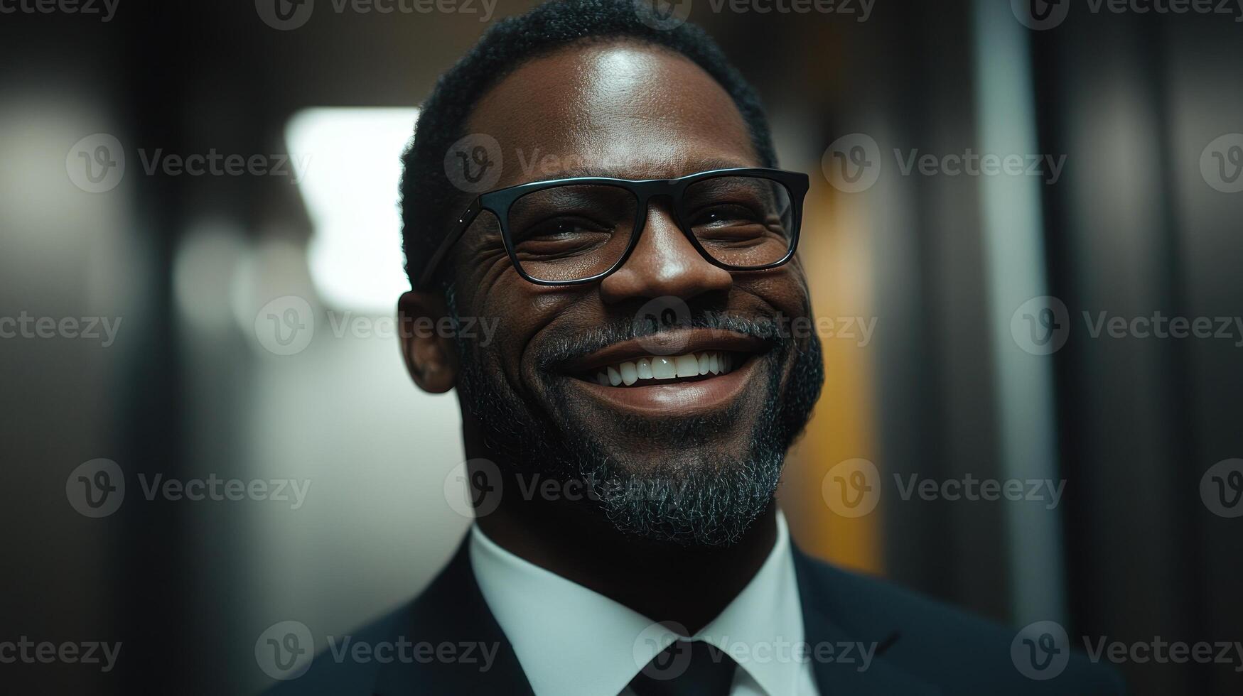 Confident man wearing glasses smiles warmly while standing in a well lit office hallway photo