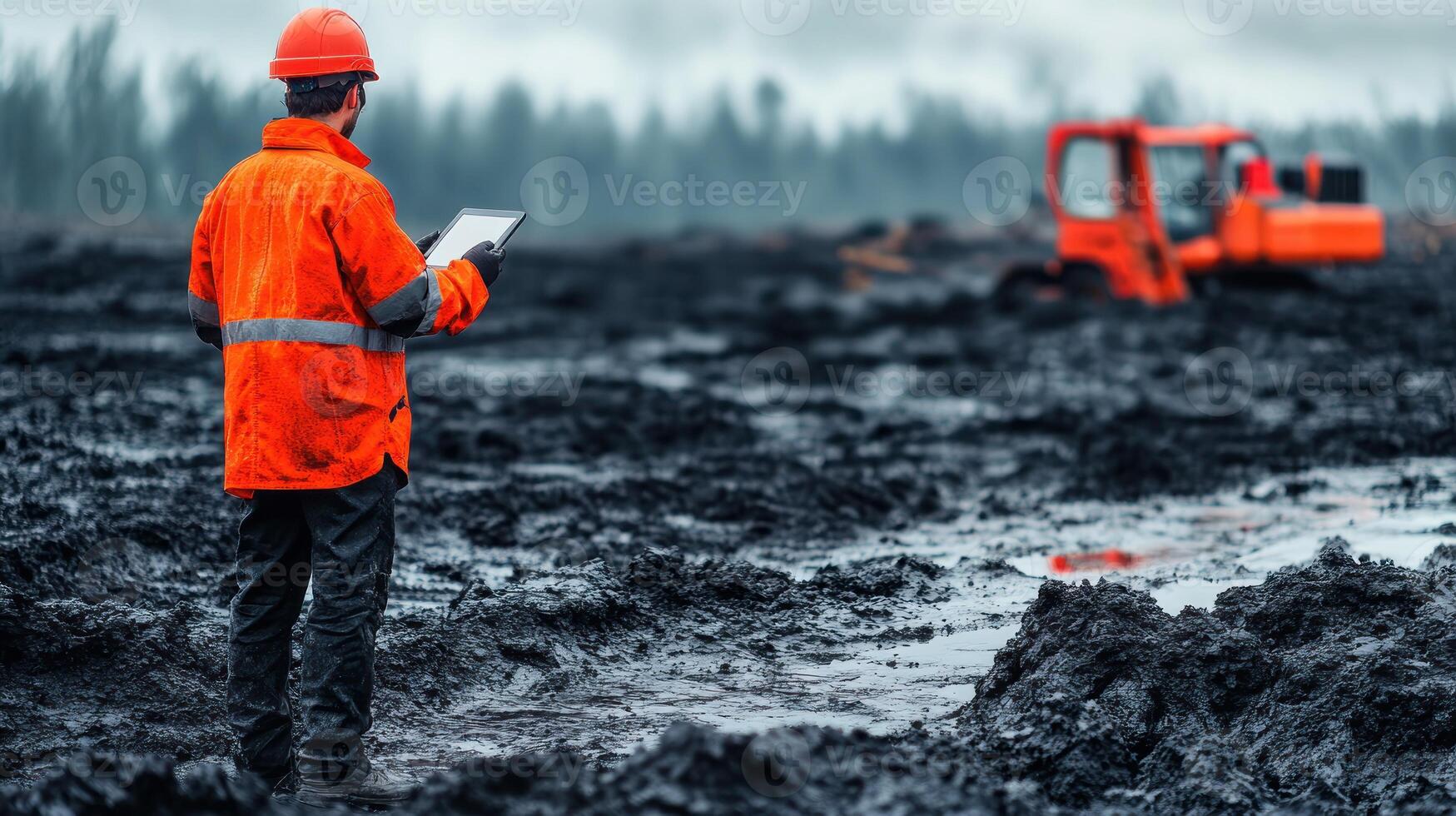 A construction worker in an orange jacket checks site conditions with a tablet in a muddy area photo