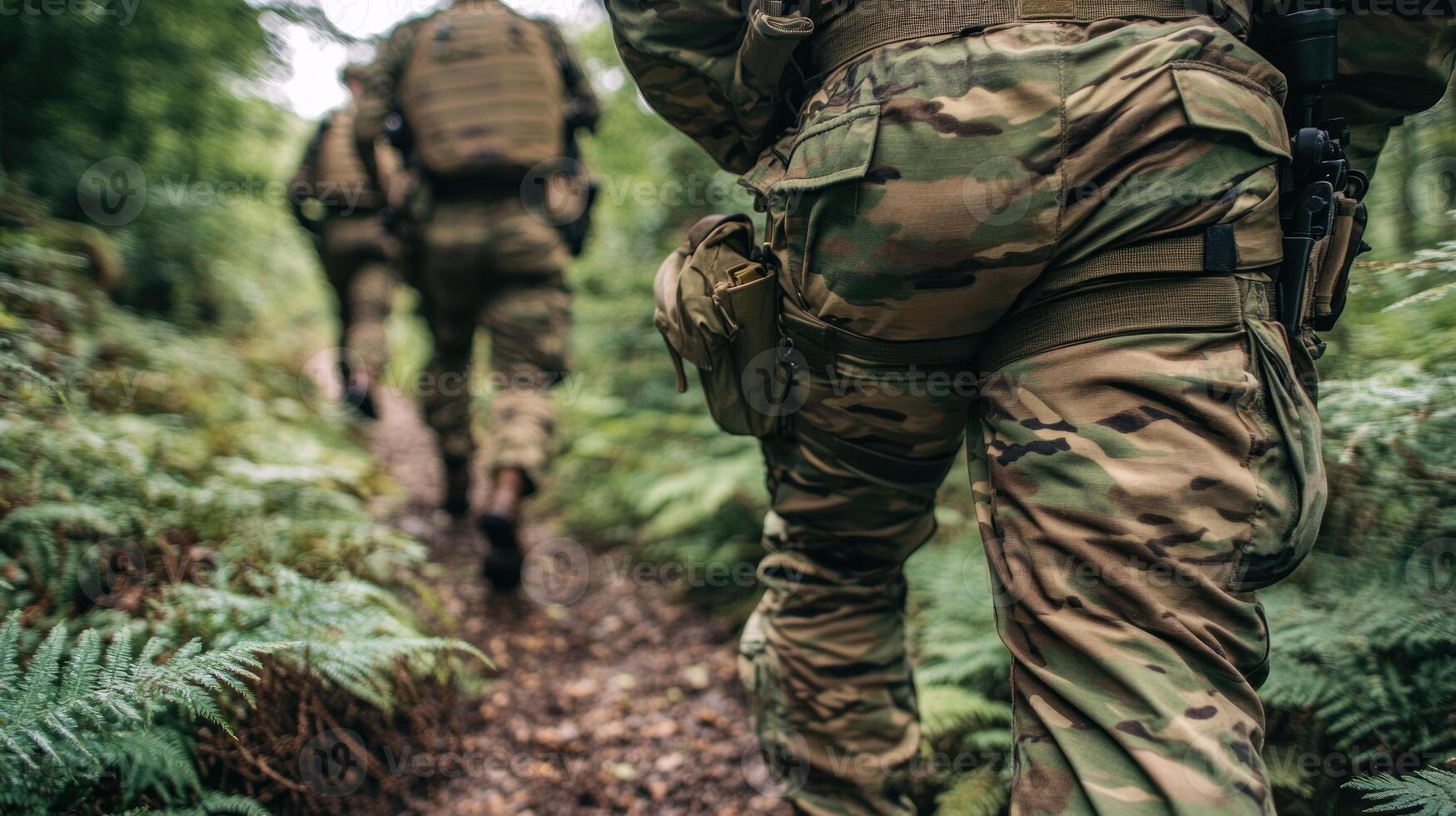 Soldiers navigate a wooded path, focusing on teamwork and strategy in the wilderness photo