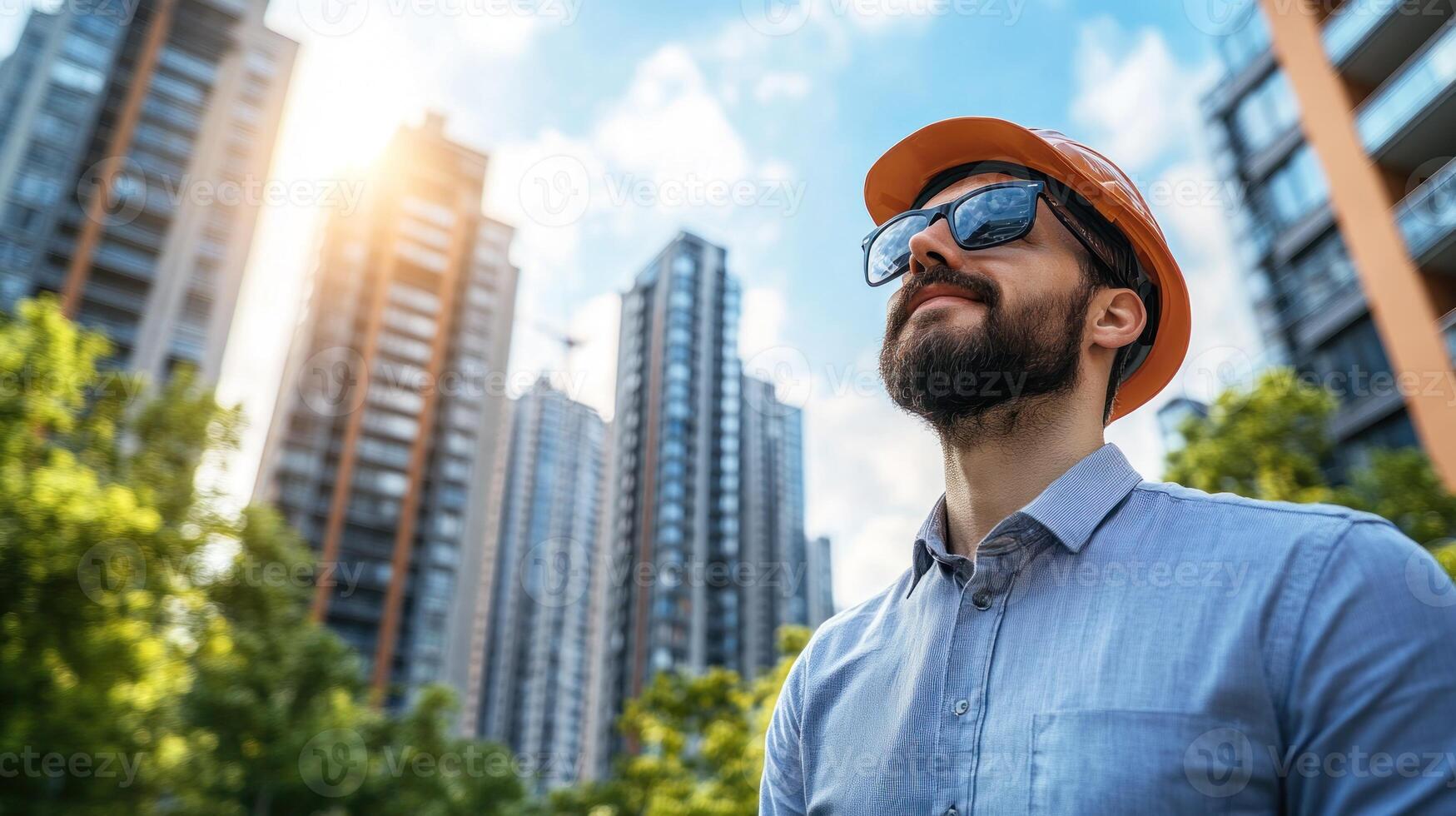 A construction worker in protective gear admires the skyline while supervising new developments downtown photo
