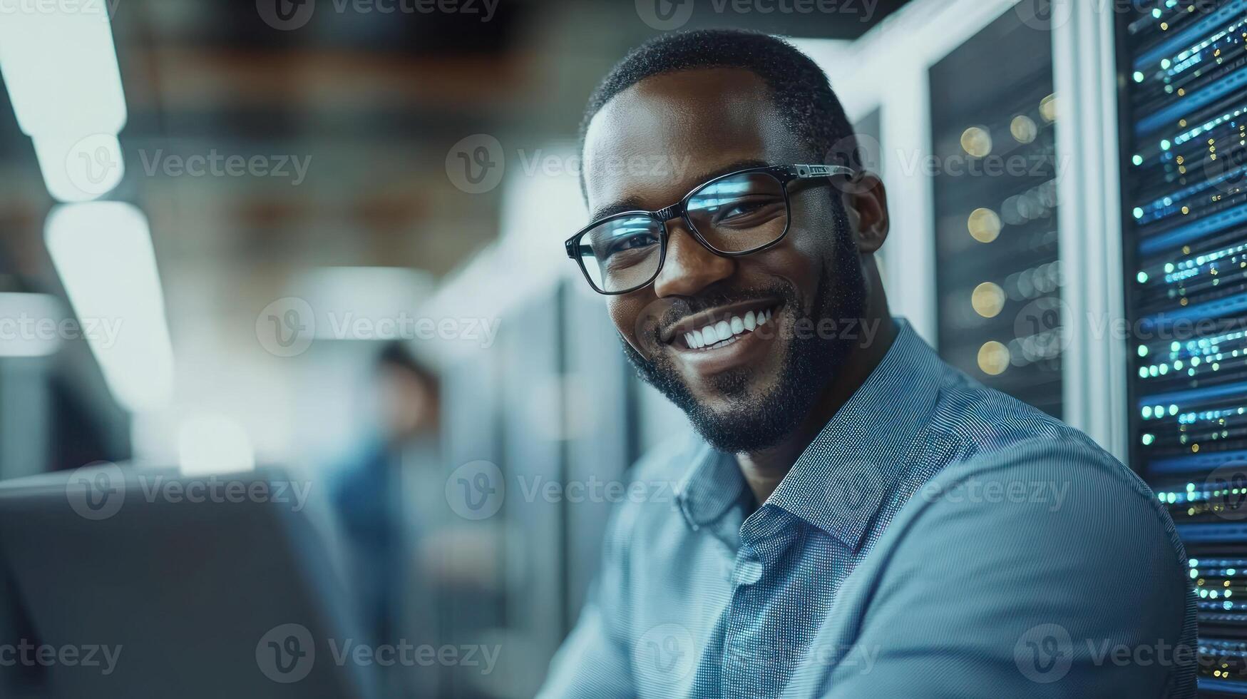 Technician with glasses smiles while seated near servers, providing support to clients in a data center photo