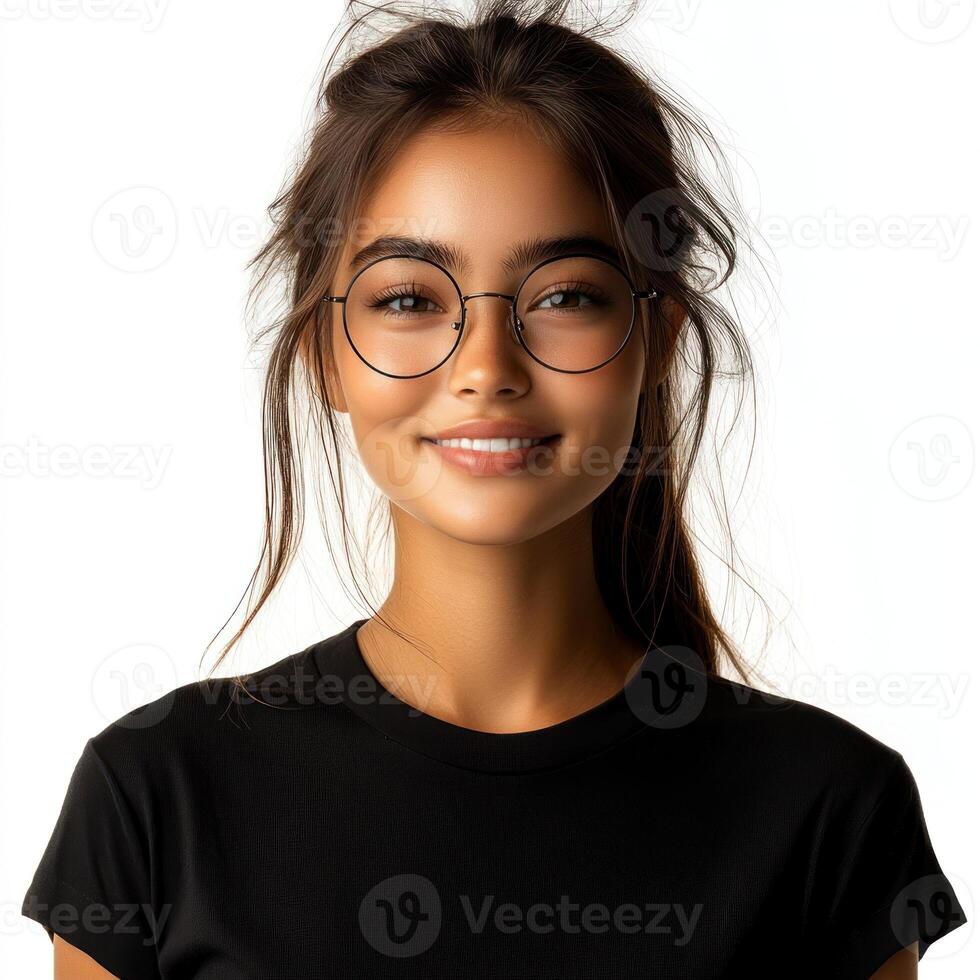 A woman with long hair and glasses smiles warmly while wearing a simple black shirt in good lighting photo