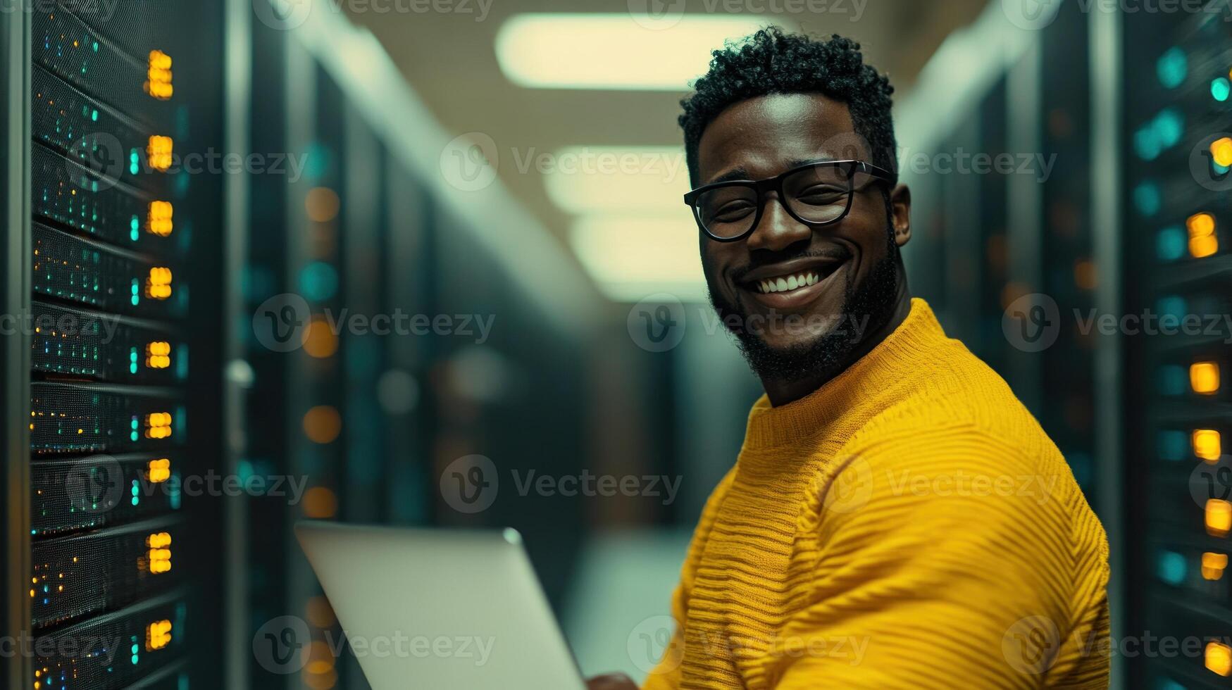 Man in a yellow sweater smiles while working on a laptop in a busy server room filled with equipment photo