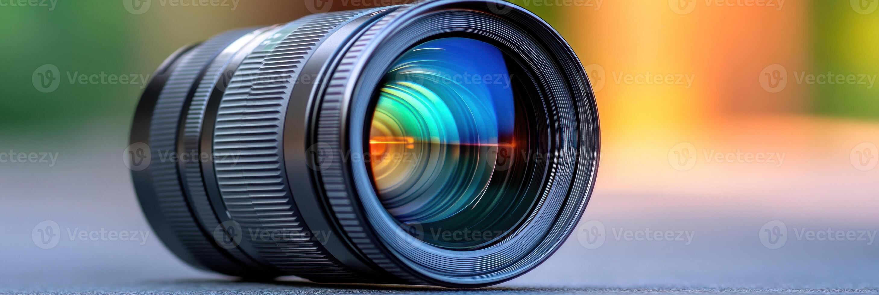 A detailed view of a camera lens displaying colorful reflections in its glass while resting on a surface photo