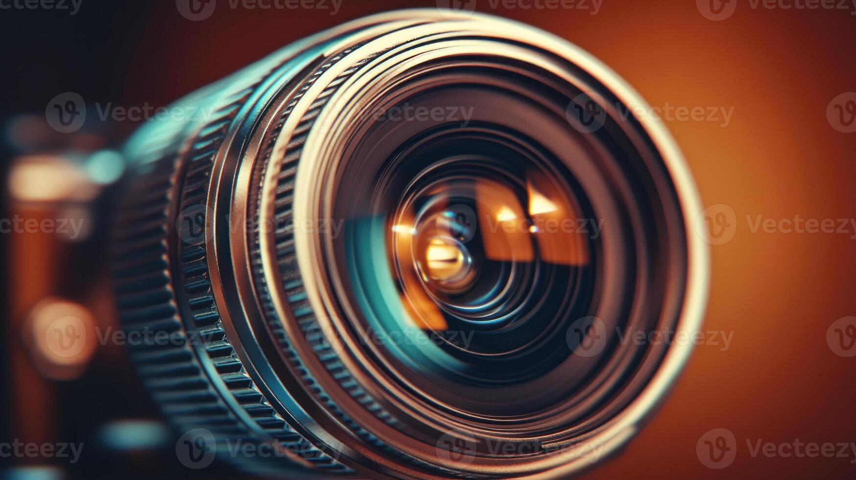 A close up of a camera lens captures warm lighting reflections and textures during a photo shoot