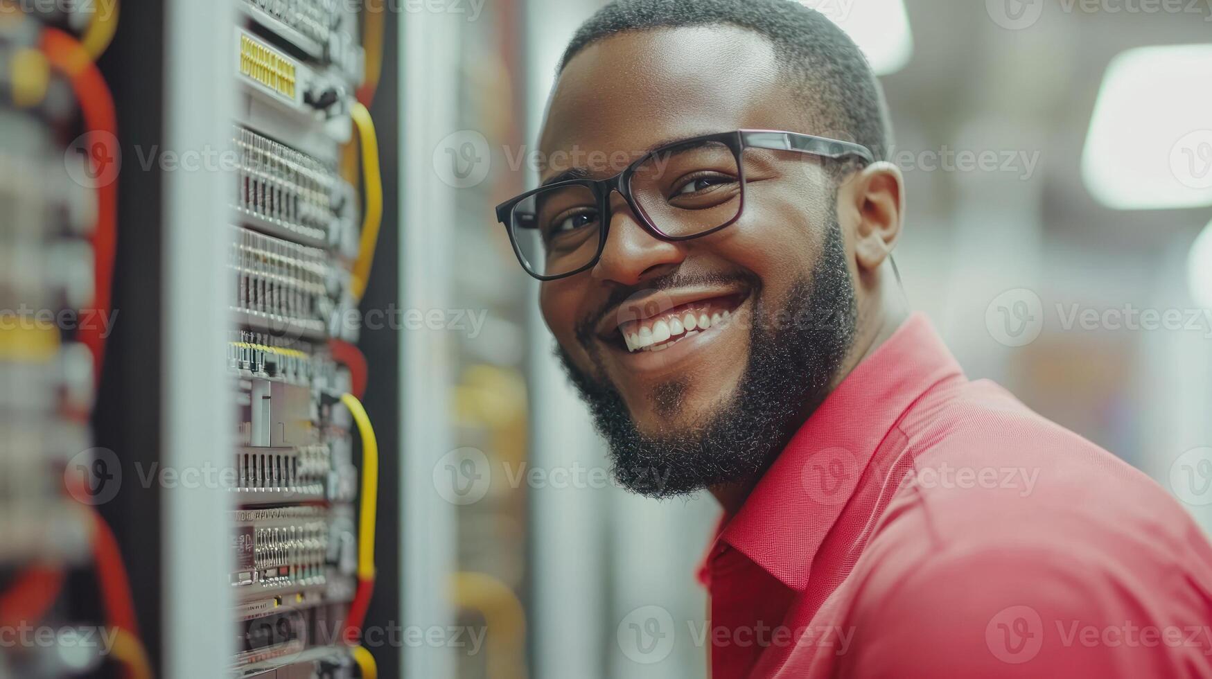 Individual enjoys working with network equipment at a tech facility with bright lighting photo