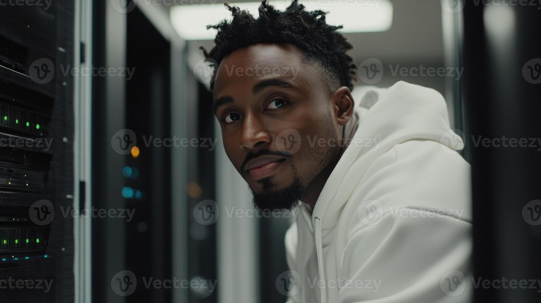 Young man in a white hoodie focuses on managing equipment in a server room at night photo