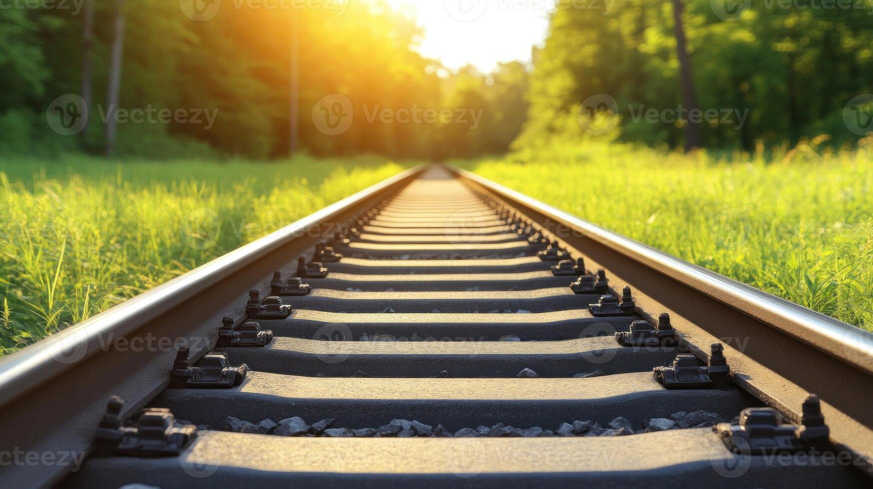 Warm sunlight illuminates a railway track flanked by vibrant green grass and trees in the background photo