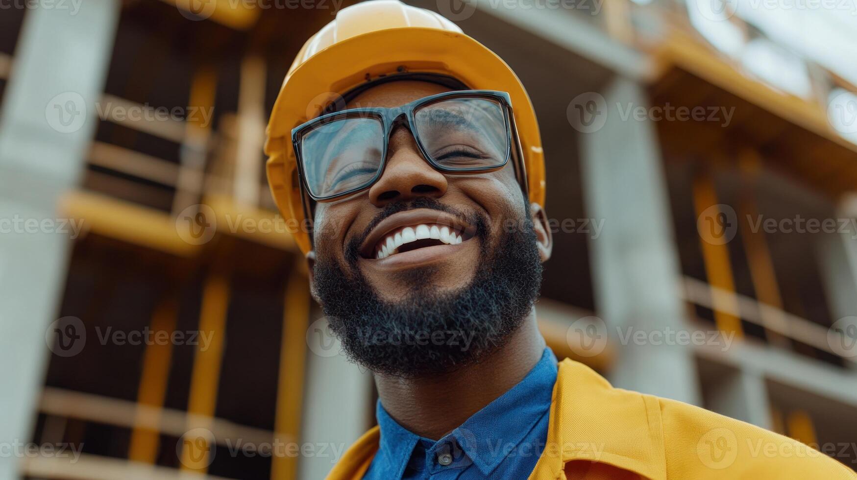 Worker shows pride in construction achievements while wearing safety gear at a site location photo