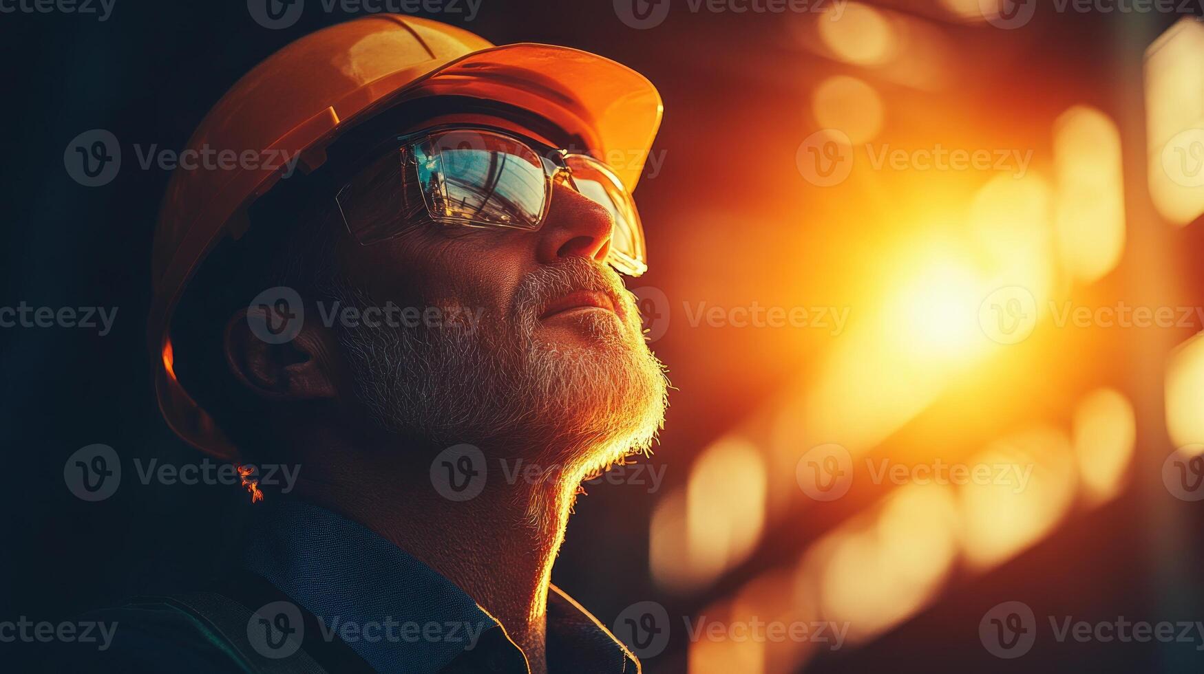 A senior worker looks upward at the setting sun while standing in a construction environment photo