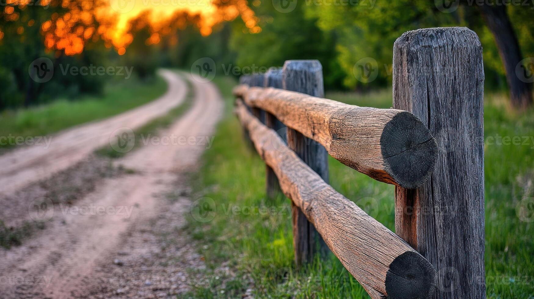 A winding dirt road bordered by a rustic wooden fence under a colorful sunset sky photo