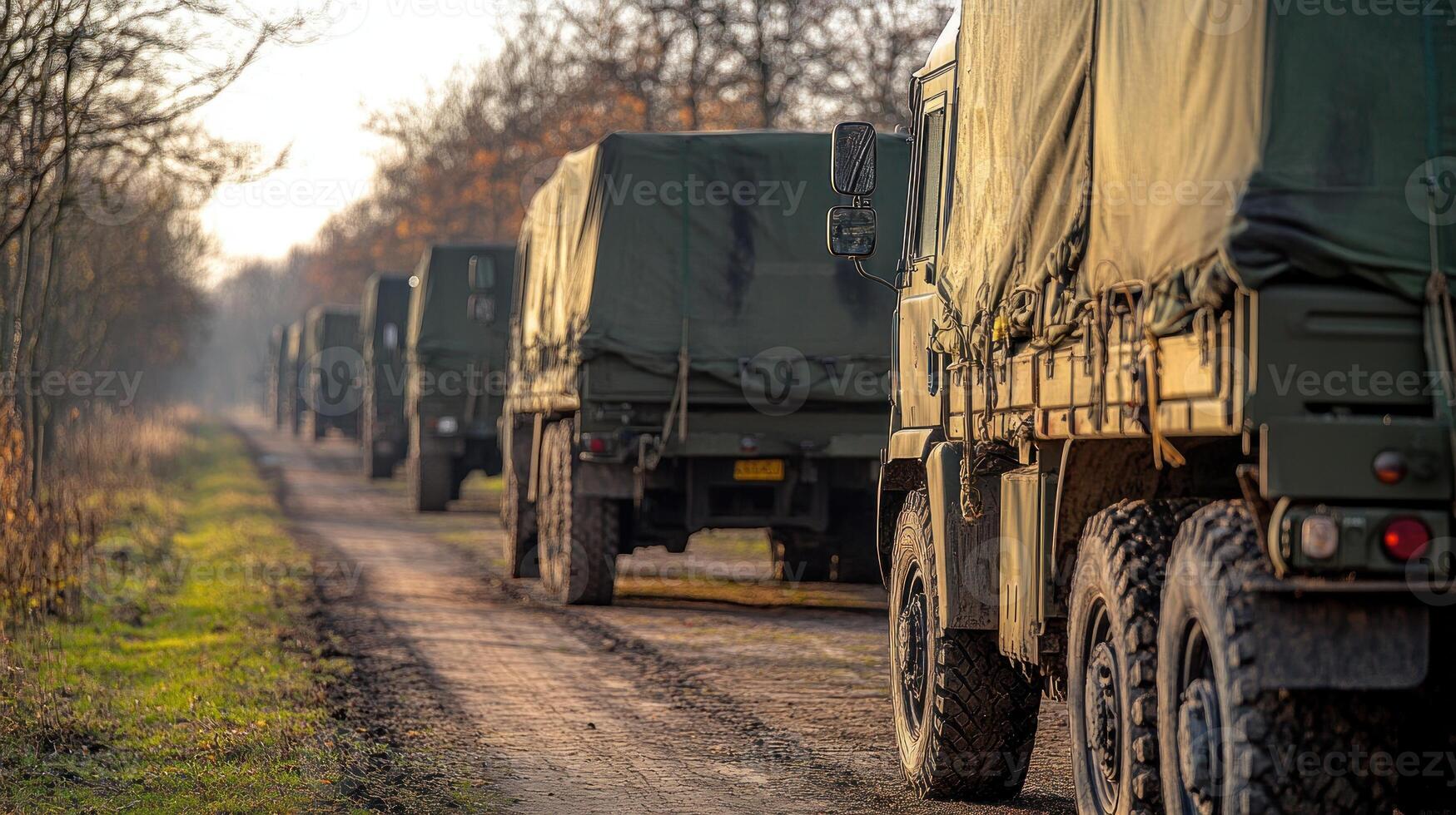 Military vehicles move steadily on a dirt road, surrounded by trees, basking in warm evening light photo
