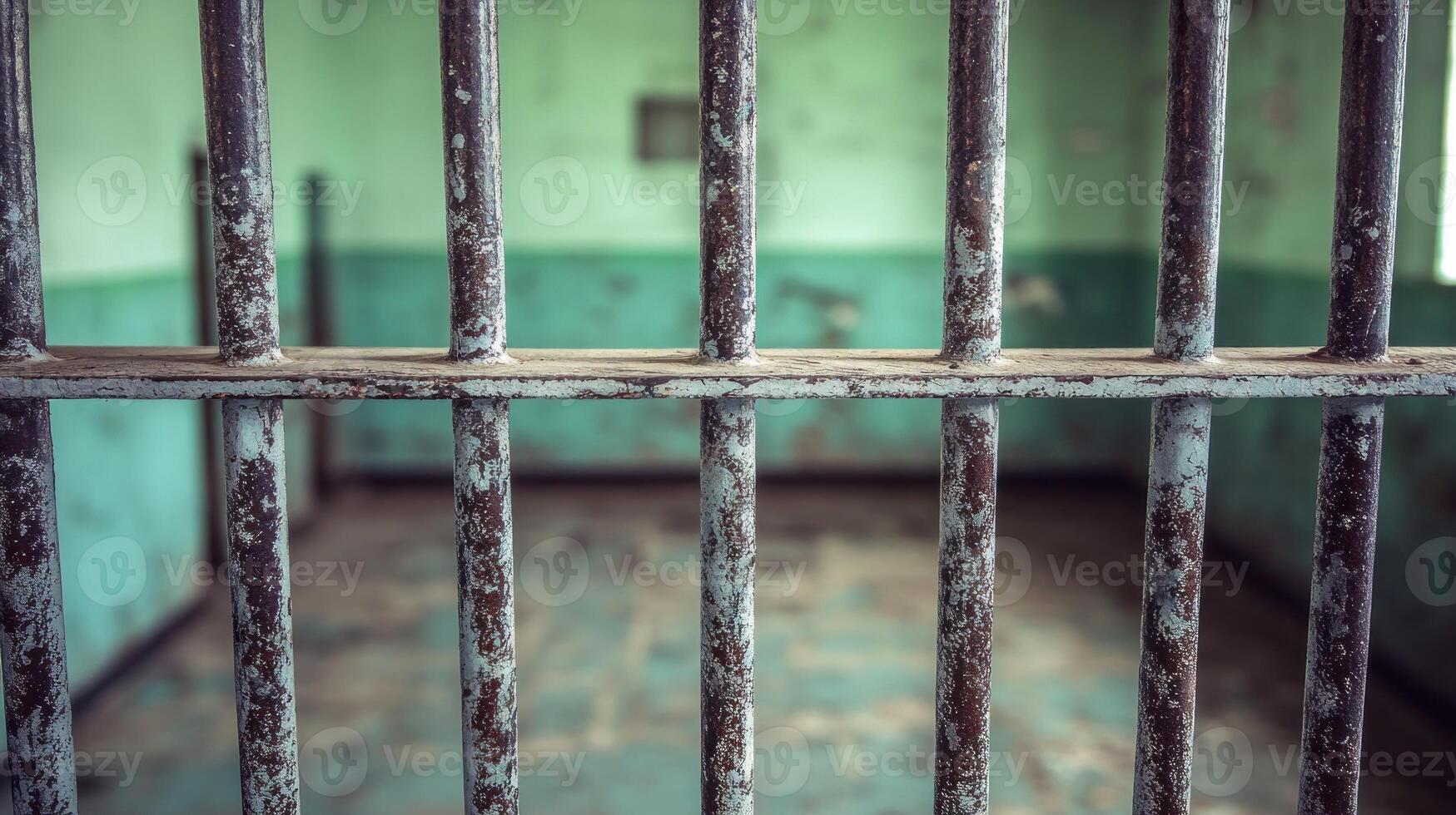 Rusty bars secure an empty cell in a deserted prison with peeling green walls and a dusty floor photo