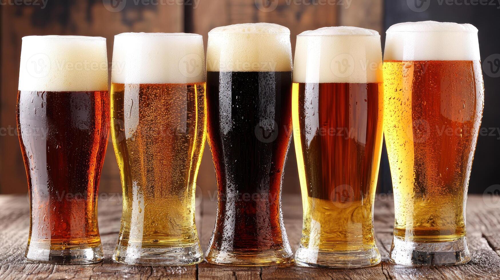 Diverse craft beers in different glasses are showcased on a rustic wooden table during a social event photo