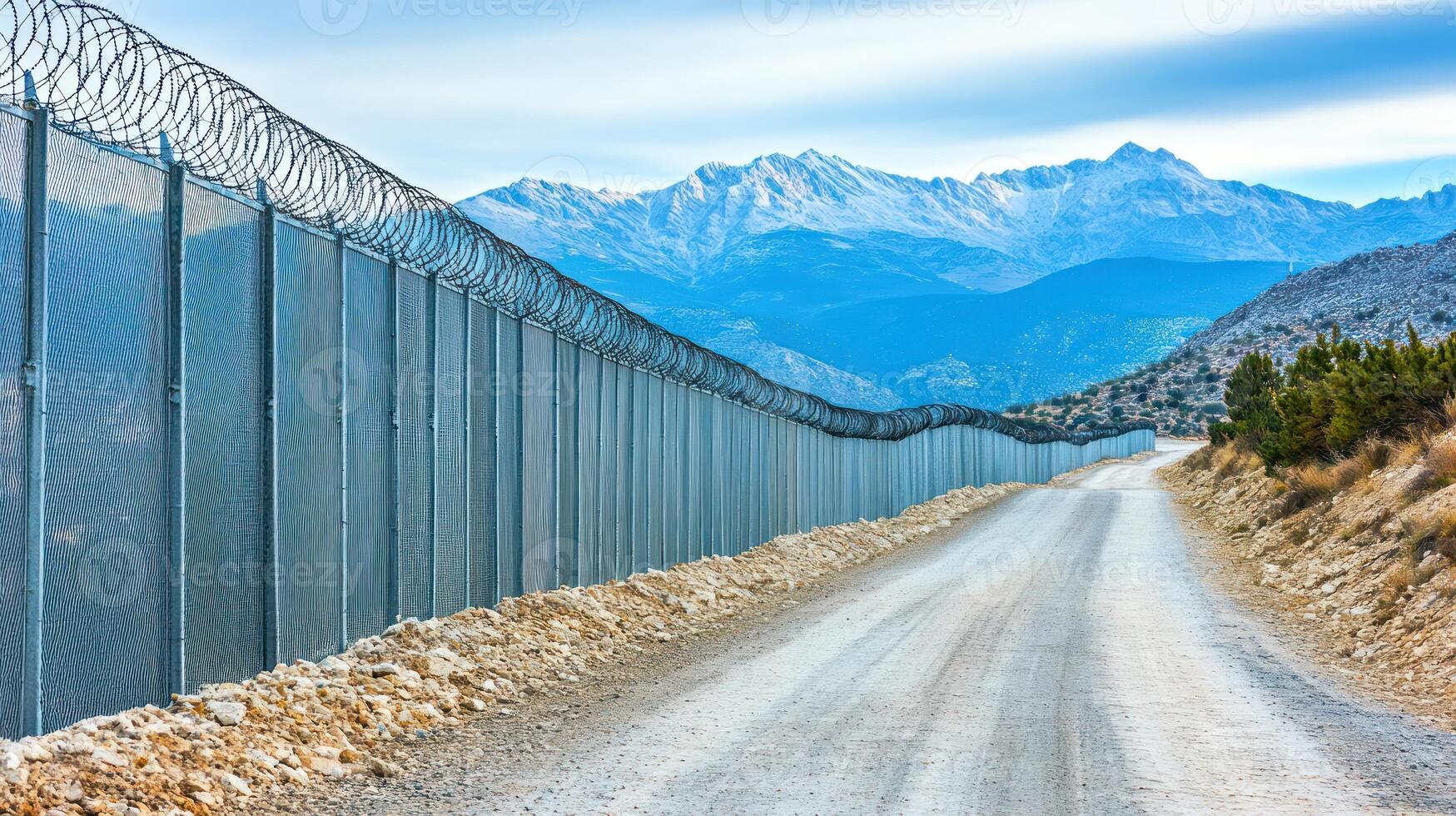 A long dirt road runs beside a tall fence with barbed wire and mountains in the background photo