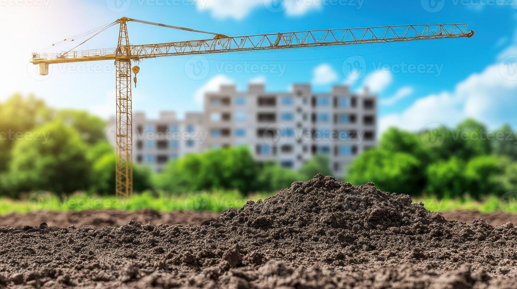 A construction site features a large yellow crane above a dirt pile with buildings in the background photo