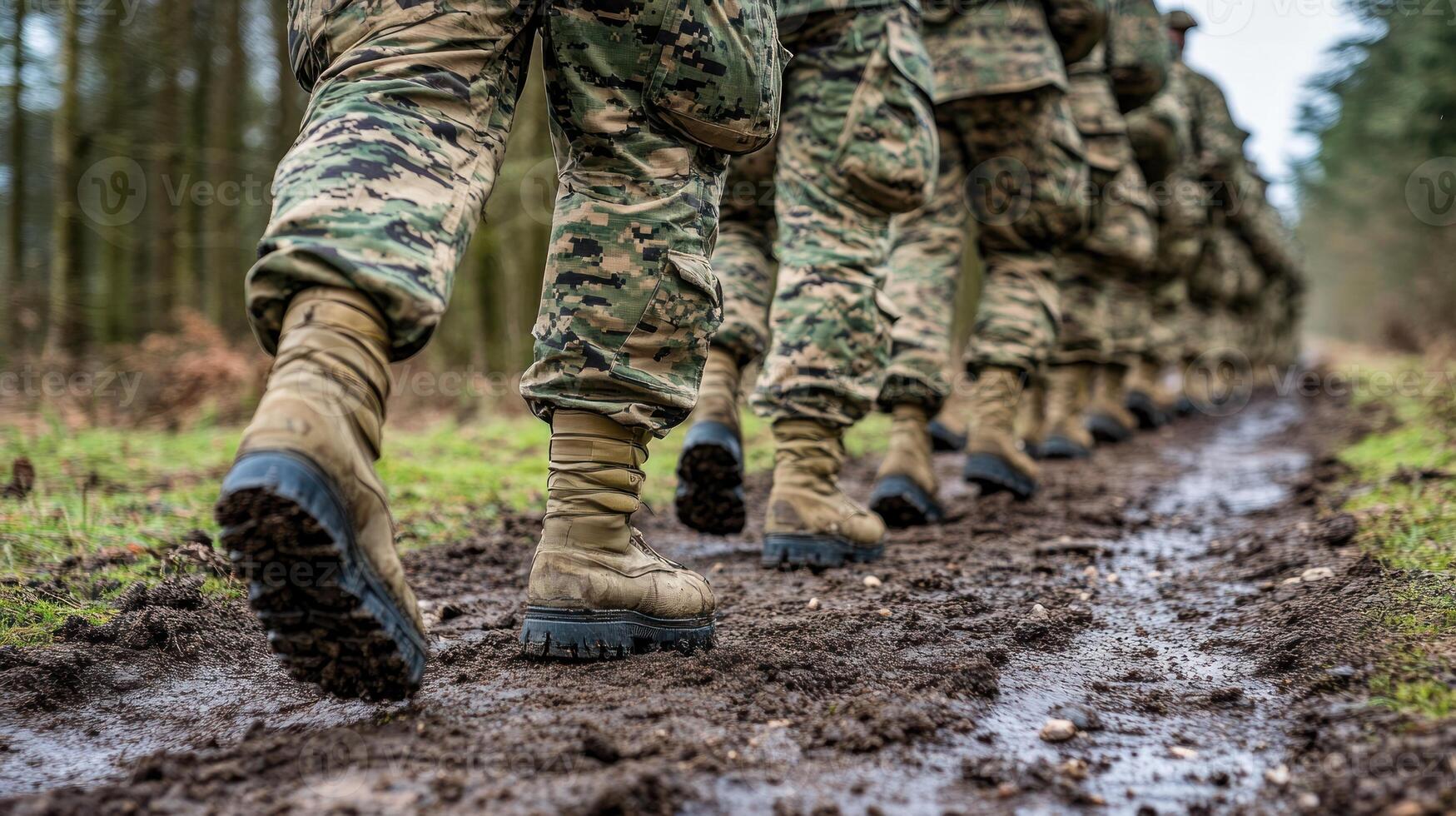 Troops walk in formation on a wet trail, demonstrating teamwork and discipline during exercises photo