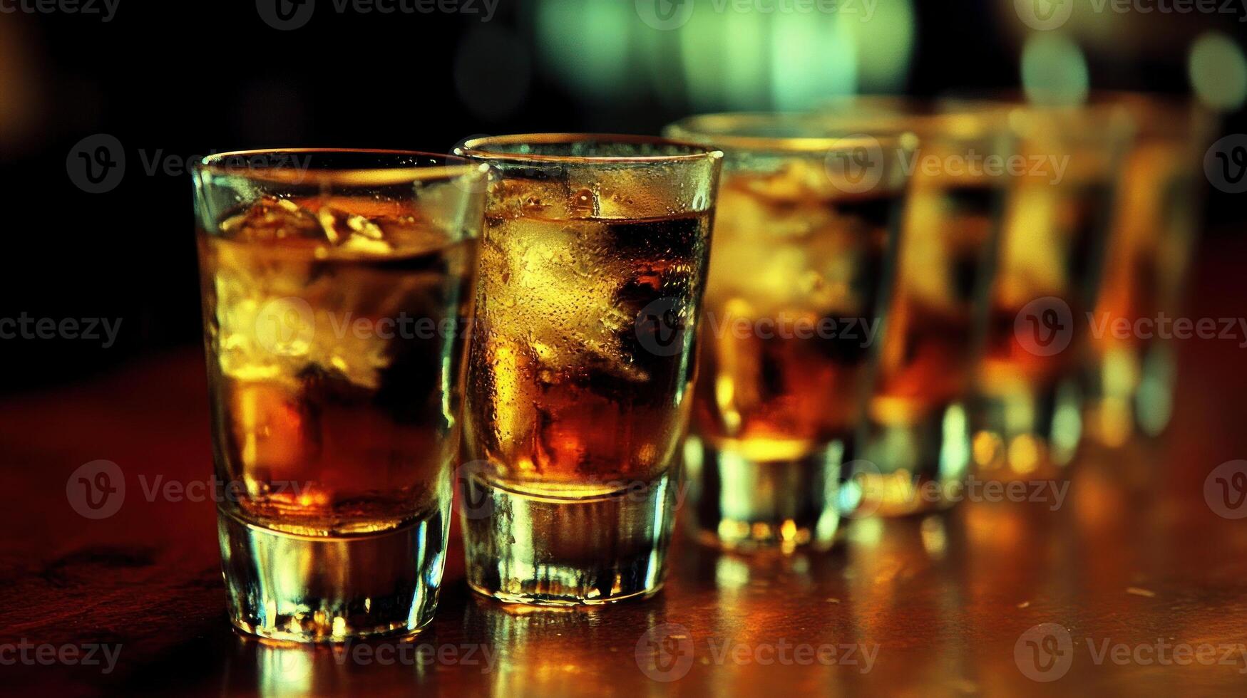 Several shot glasses filled with amber liquid and ice sit on a rustic bar counter, ready for serving photo