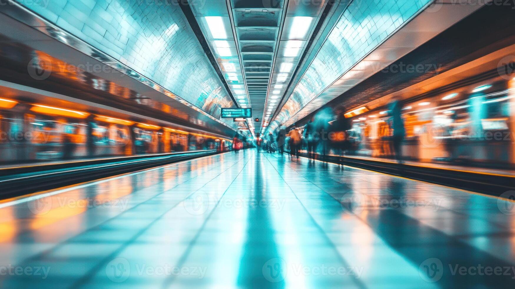 Busy subway station during peak hours with commuters moving quickly along the platform photo