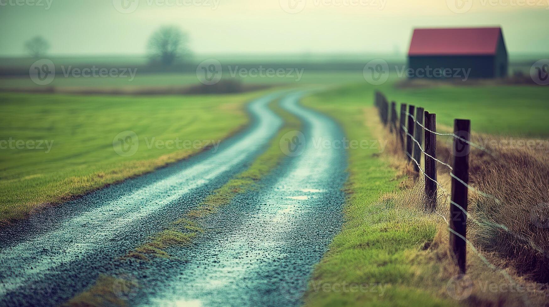 A winding gravel road stretches through lush green fields, approaching a solitary barn as twilight sets in photo