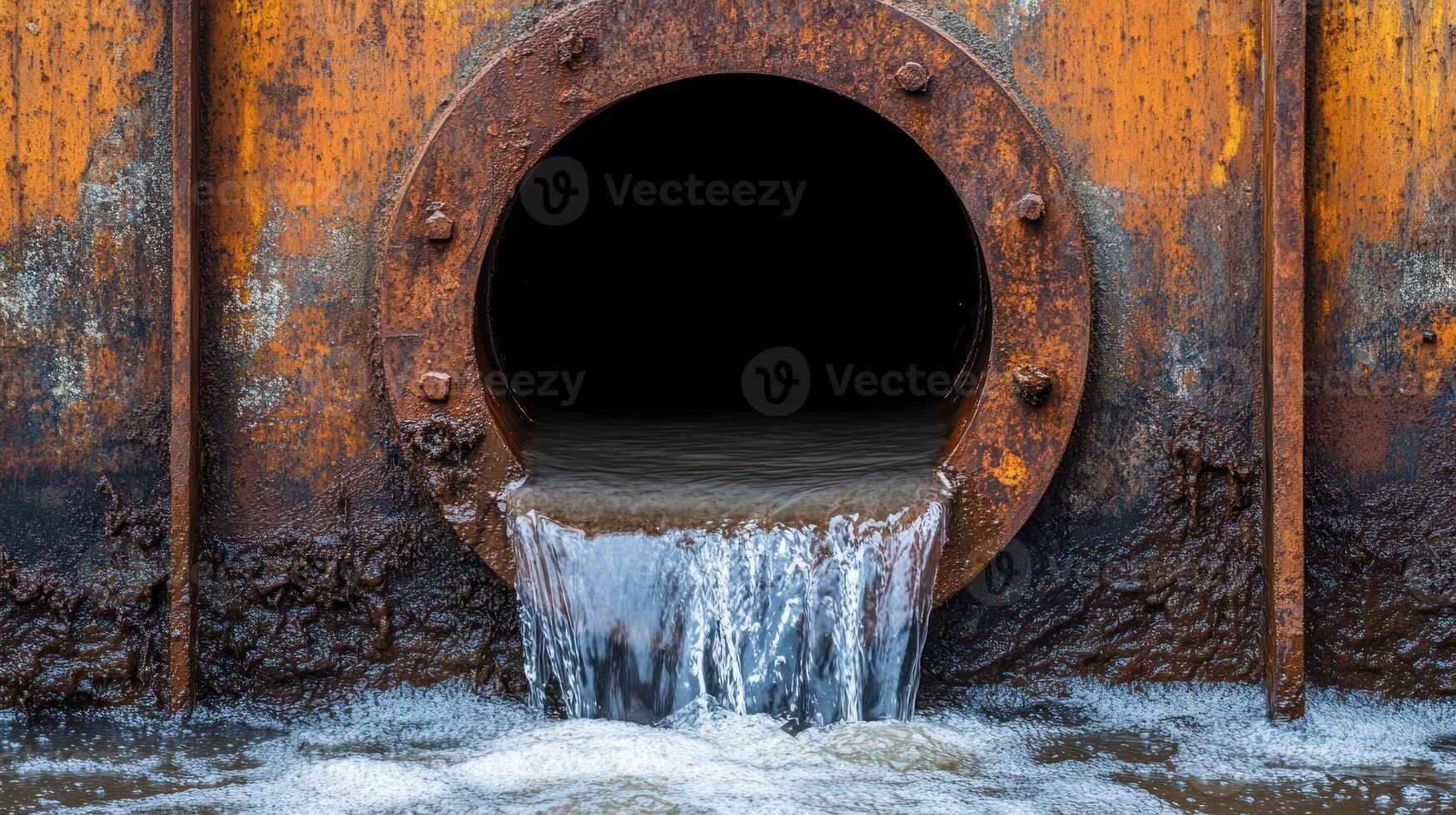 Rusty pipe discharges water into a stagnant puddle surrounded by debris in an urban area photo