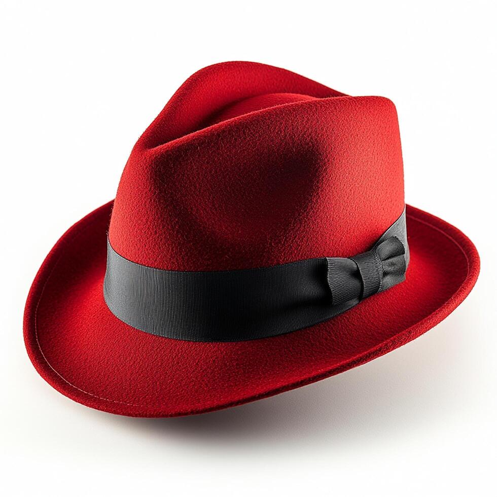 Elegant red fedora hat with black ribbon, perfect for stylish looks. photo