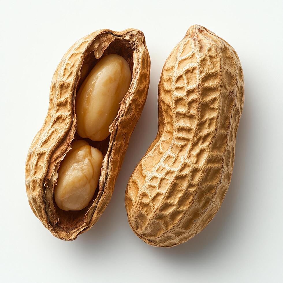 Close-up of fresh peanuts in their shells on a white background. photo