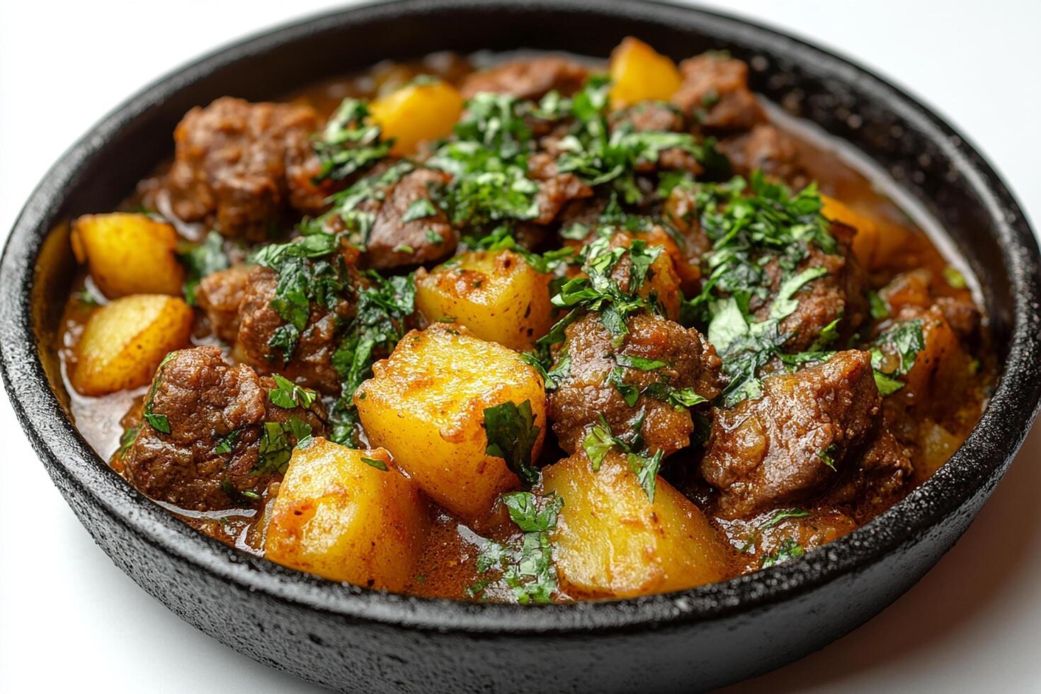 A delicious beef and potato stew garnished with fresh herbs. photo