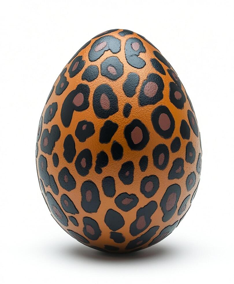 A decorated egg with a leopard print design on a white background. For Easter egg photo