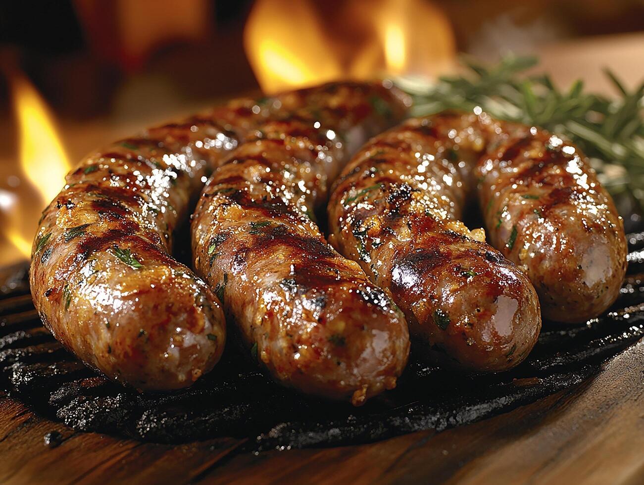 Grilled sausages on the grill with flames in the background. photo