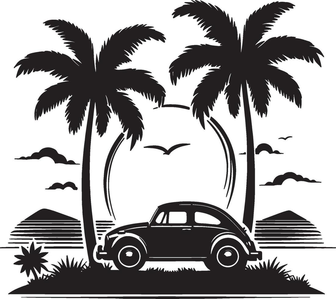 Beach Scene with Vintage Car and Palm Tree Shadows vector