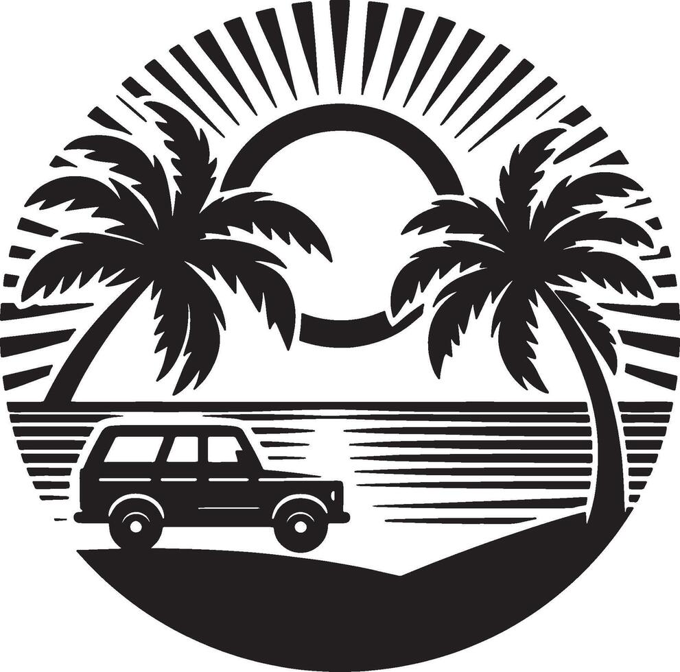 Retro Car and Palm Trees in a Beach Sunset Silhouette vector