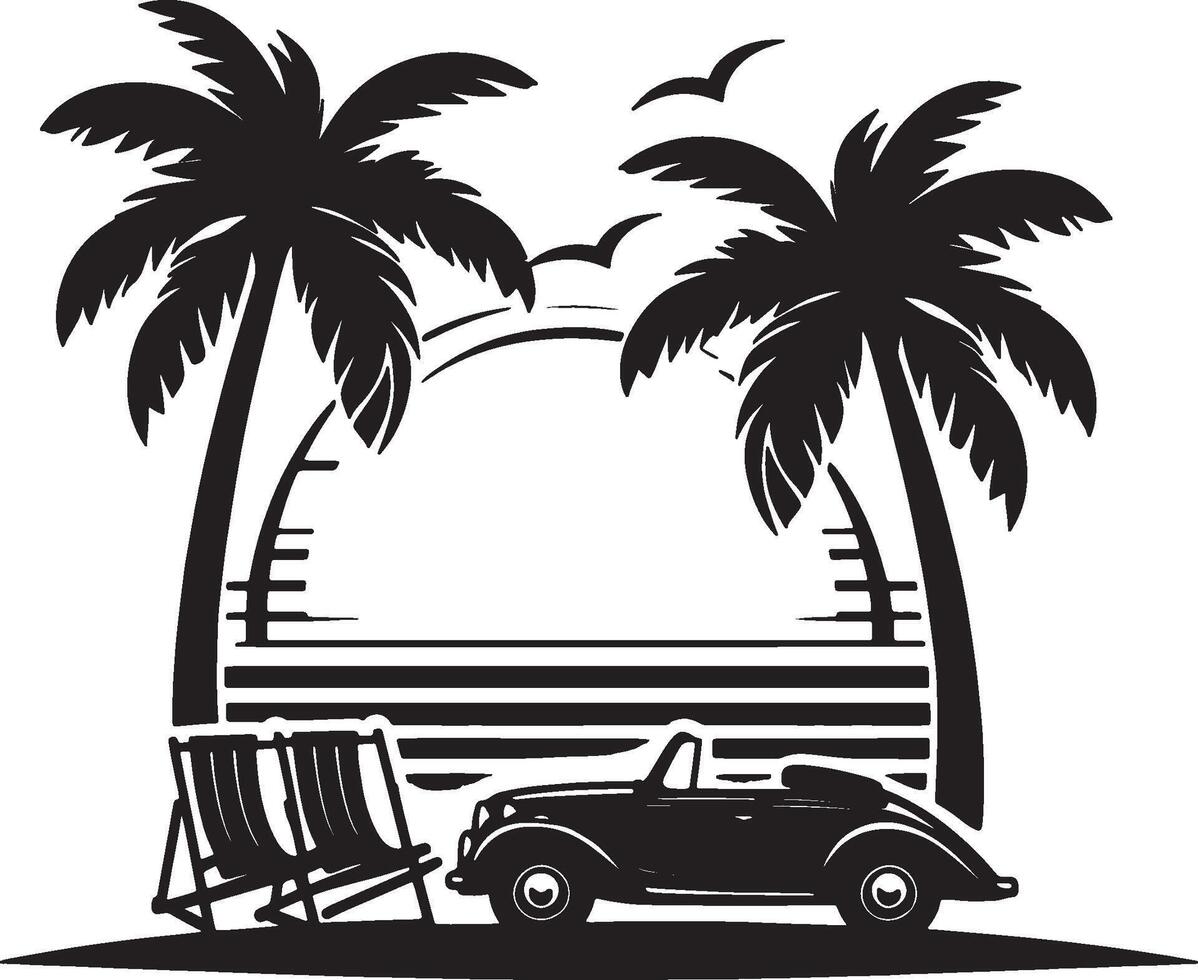 Classic Car on a Beach with Palm Trees and Sunshine vector